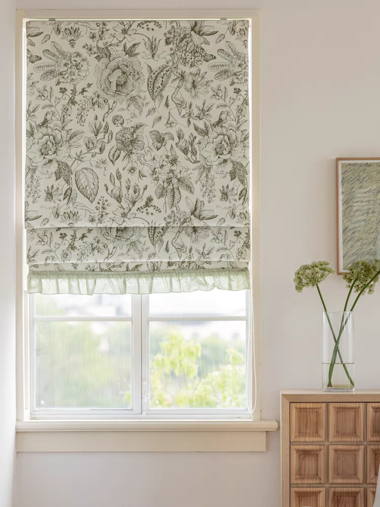 Quick Fix Washable Roman Window Shades Flat Fold - Chenille Green Floral