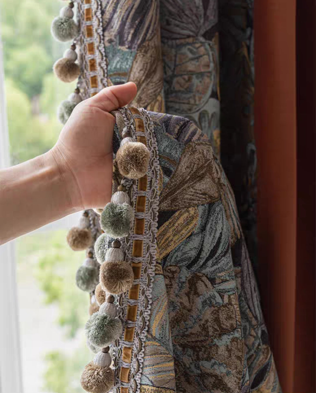 Caramel Linen Cotton Custom Curtain with Velvet Jacquard Fabric