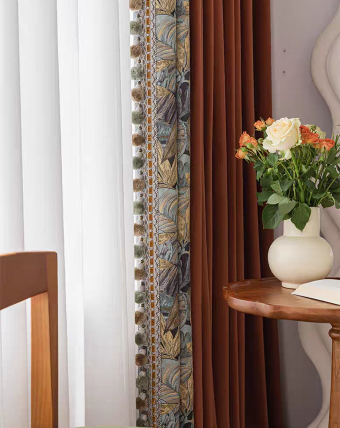 Caramel Linen Cotton Custom Curtain with Velvet Jacquard Fabric