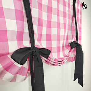 Pink and white grid Tie Up Valance, Kitchen Valance, Farmhouse Valance, Nursery Room Valance, Kitchen Curtain, Country Valance